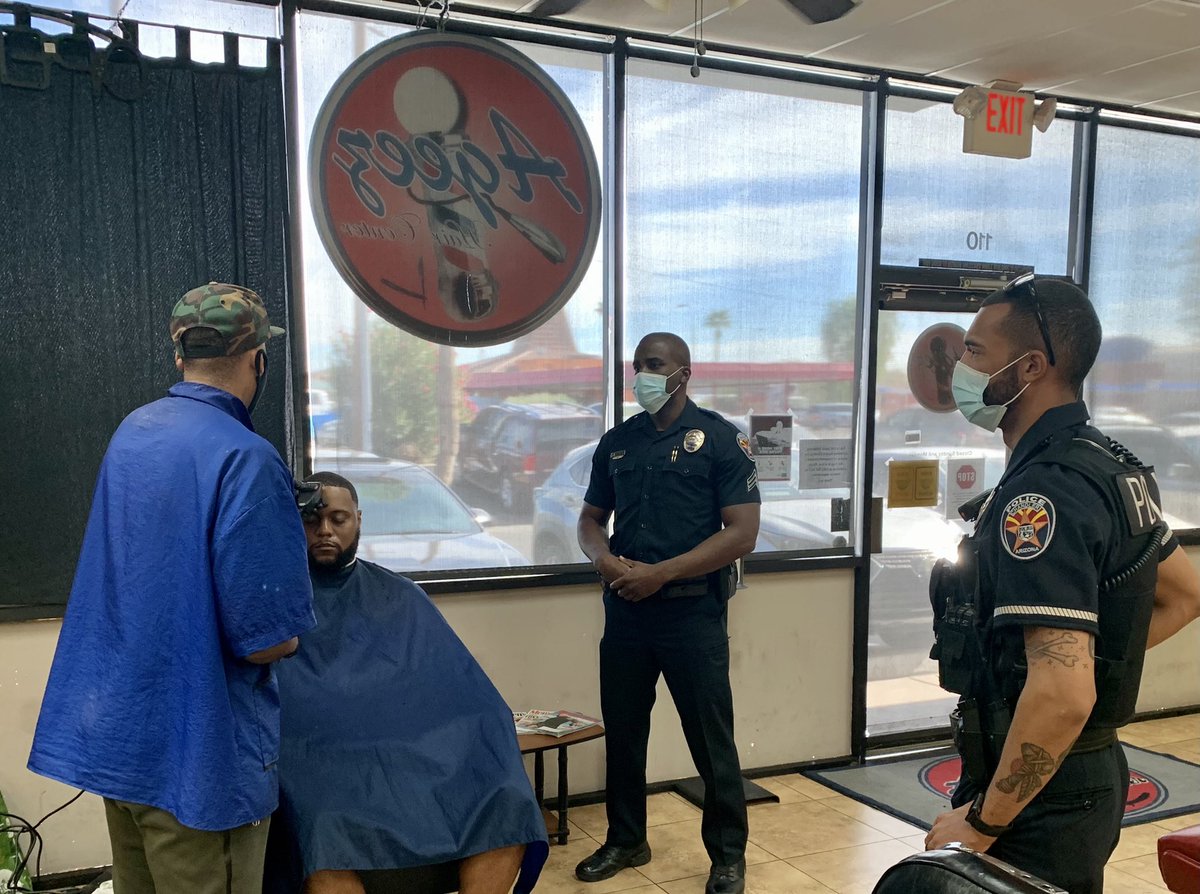 Chief_Duggan's tweet photo. Another great turn out at our Conversation with a Cop this morning at 
Ageez barbershop 
#CopsandBarbers #PathForward @ChandlerPolice  @cityofchandler https://t.co/IHvetDL6AX