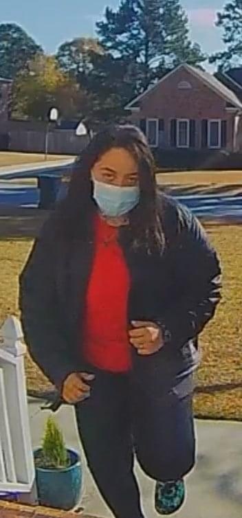 #PorchPirate: We have had three separate reports so far today of this woman stealing packages from homes in three different neighborhoods. This image came from a doorbell camera. Please call (252) 329-4300 if you know her. Or call Crime Stoppers (252) 758-7777.