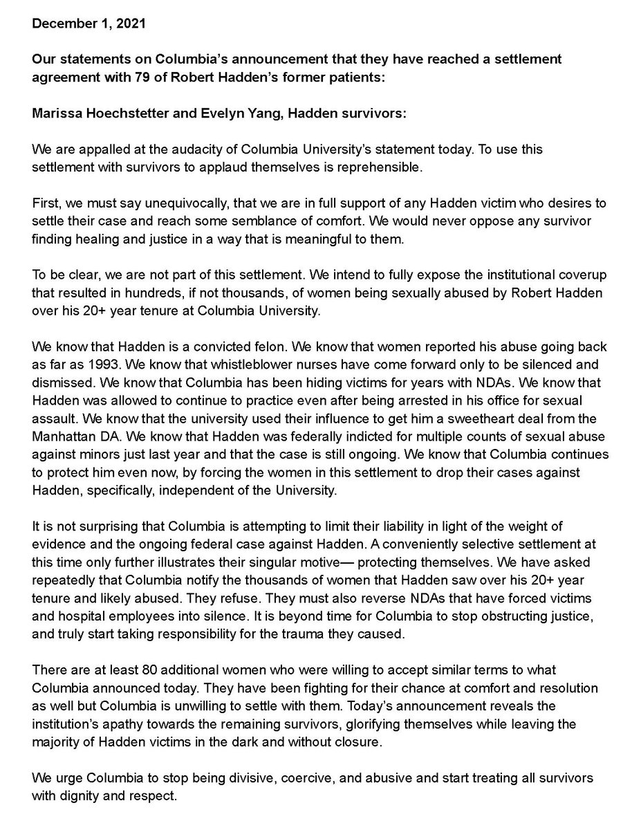 MHoechstetter's tweet photo. Today @Columbia announced a settlement with 79 of Robert Hadden's former patients. @EvelynYang and I are appalled at their audacity. To use this settlement with survivors to applaud themselves is reprehensible. You can read our full statement along with @atdipietro's here👇 https://t.co/X9tn44iBDv