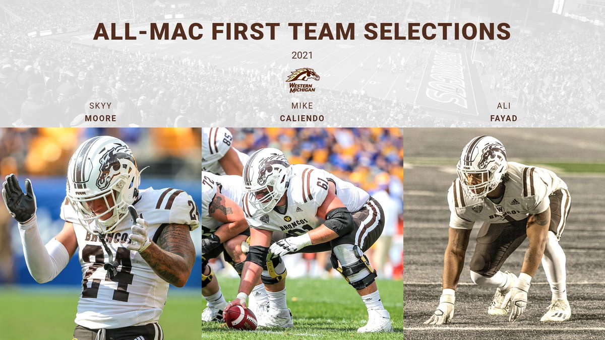 WMU_Football's tweet photo. Our First Team All-MAC selections --> Skyy Moore, Mike Caliendo & Ali Fayad - CONGRATS❗️
#LetsRide // #AllMAC https://t.co/zK77SFk2NM