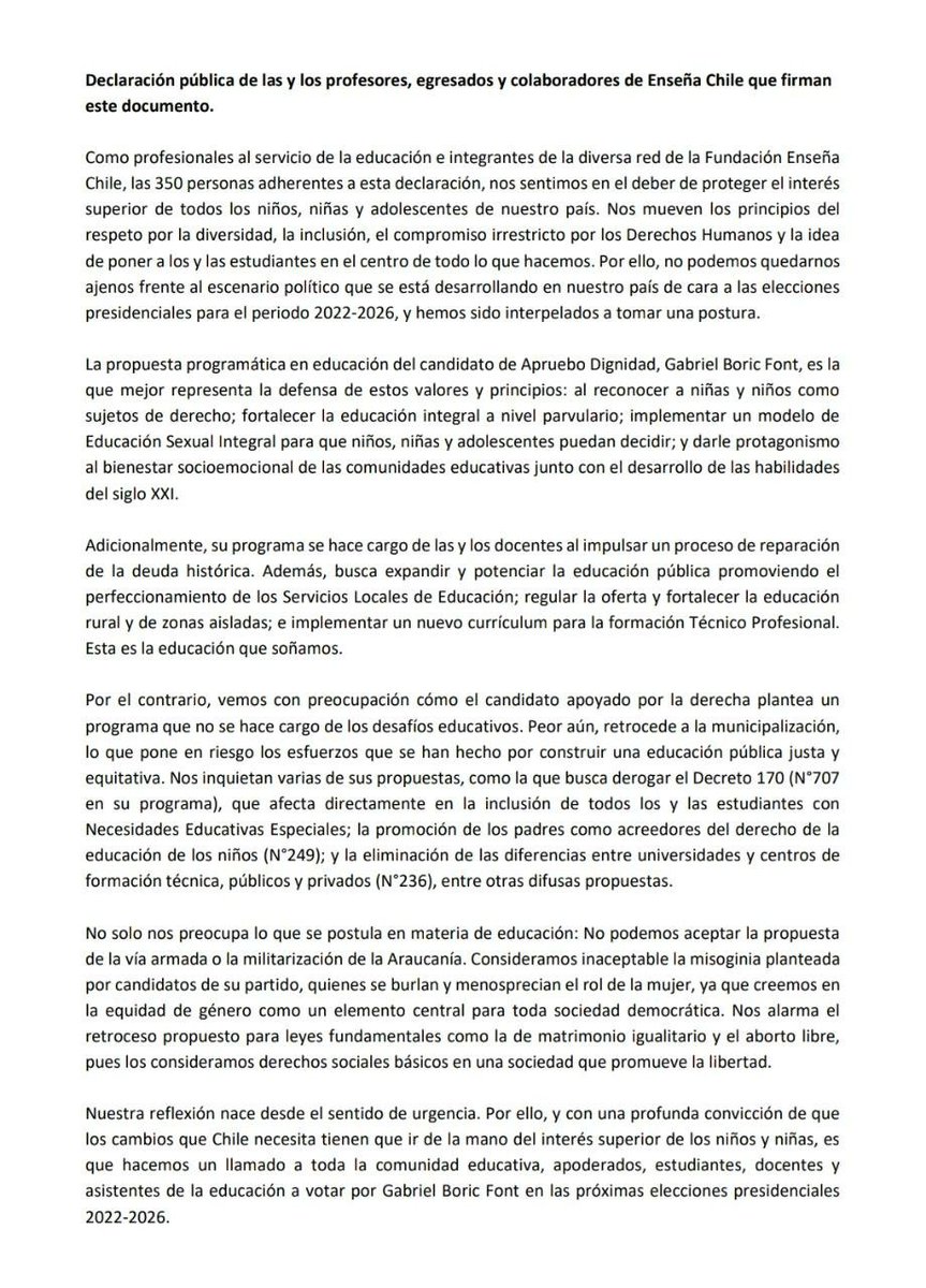 rivaspech's tweet photo. DECLARACIÓN DE UN GRUPO DE INTEGRANTES DE LA RED ENSEÑA CHILE. #350ECHXBORIC https://t.co/PWuNawJYON