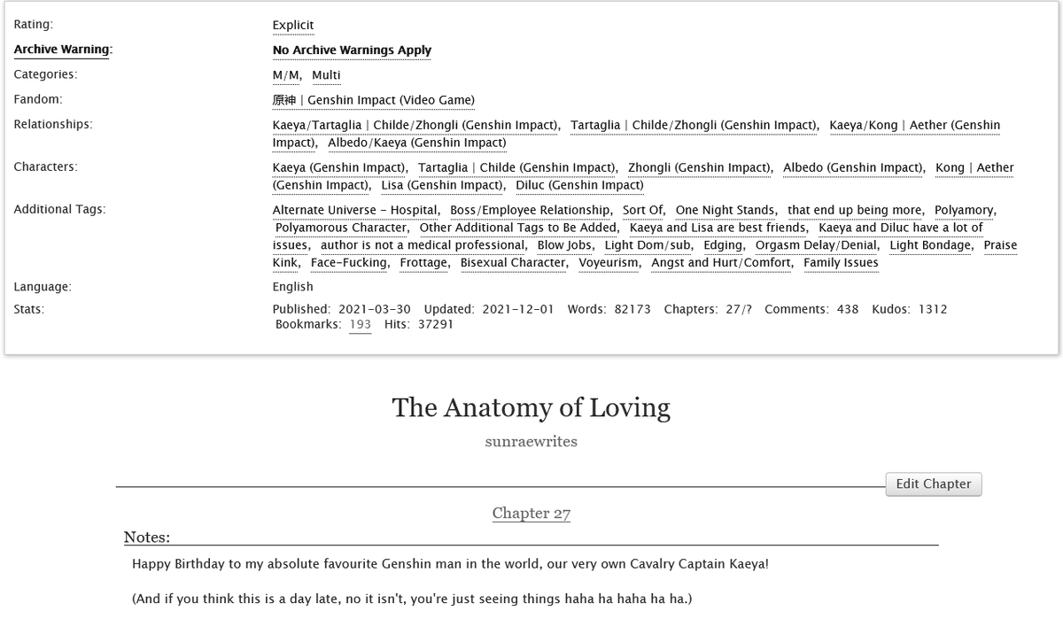 sunraewrites's tweet photo. Chapter 27 of The Anatomy of Loving is finally up! It's been a while oops.
Kaeya gets a surprise in this one π
#chaeyali #chaeli #kaether #kaebedo
https://t.co/IzIiowNZ5V https://t.co/a67DK0iEoD
