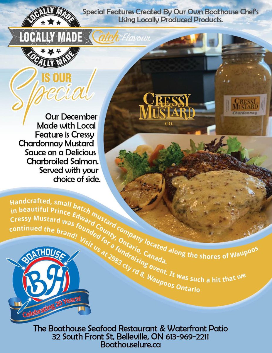 BoathouseFish's tweet photo. We are excited to partner with our local food producers and would like to show it by sharing our December Special.  Our Chef's came up with this delicious recipe - Cressy Chardonnay Mustard Sauce on a Delicious Charbroiled Salmon.Served with your choice of side. #cressymustardco https://t.co/S2EsxXORcn