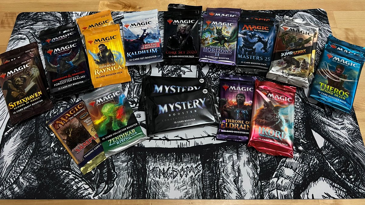 kingdoms_tv's tweet photo. I saw that someone’s partner did an advent calendar made up of #mtg packs and I thought I’d do the same, but for you! 
So follow, like, and retweet and you could get one of these random packs. One winner per day until Christmas. Thanks for an amazing 2021!🎄🎁🌟 https://t.co/VviCdEviUO