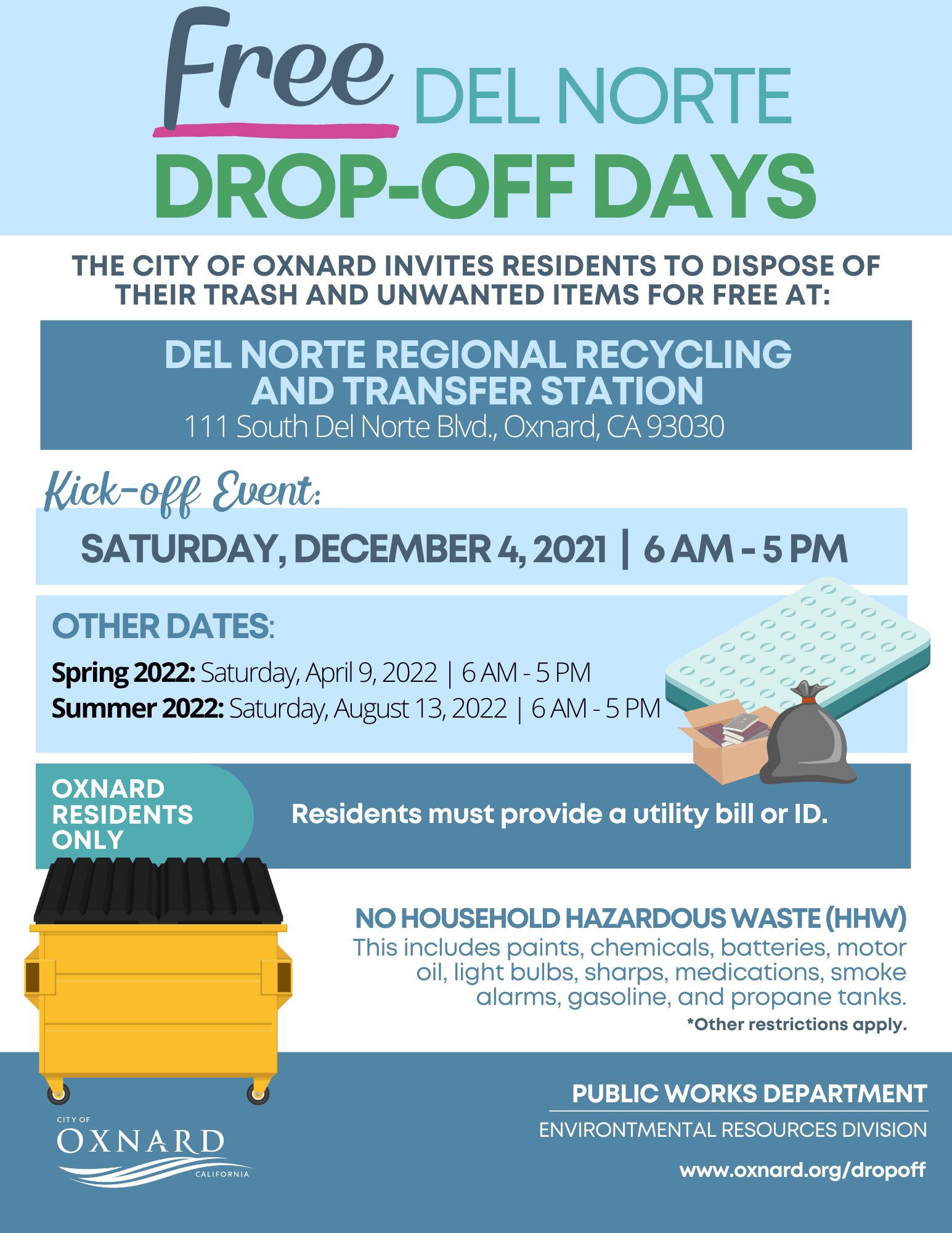 City Of Oxnard Refuse Christmas Schedule 2022 City Of Oxnard On Twitter: "The City Is Hosting Free Drop-Off Days For  Oxnard Residents To Dispose Of Their Trash And Unwanted Items! The First  Event Is This Saturday, December 4, 2021!