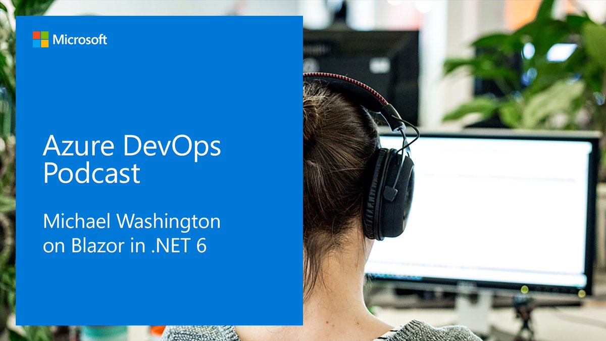 Image showing the Azure DevOps Podcast title slide on the left and a developer sitting in front of their computer while listening to a podcast through headphones on the right.
