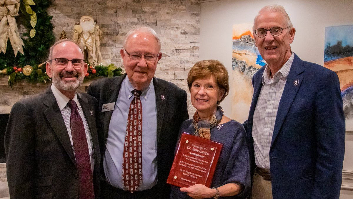 The Joplin Reg. Med. School Alliance is key in fundraising for the KCU Farber-McIntire Campus – first a med school &amp; now a dental school.
We gathered to celebrate these efforts by JRMSA, the generous #Joplin community &amp; by <a href="/jnlampo/">Jane Lampo</a>, former VP of KCU Philanthropy/Alumni Relations.