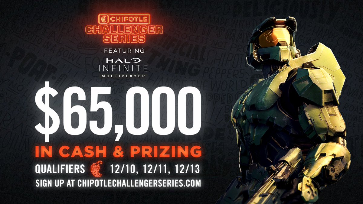 PlayBeyond's tweet photo. We are thrilled to announce the final season of this year's #ChipotleChallengerSeries!

🎮 @Halo Infinite FFA
💰 $65,000+ in Cash &amp; Prizes
🌯 Win a Year of @ChipotleTweets
🏆 Free to Enter

Learn more and sign up today at https://t.co/uPkY7dWSaA https://t.co/AyV974Hrz0