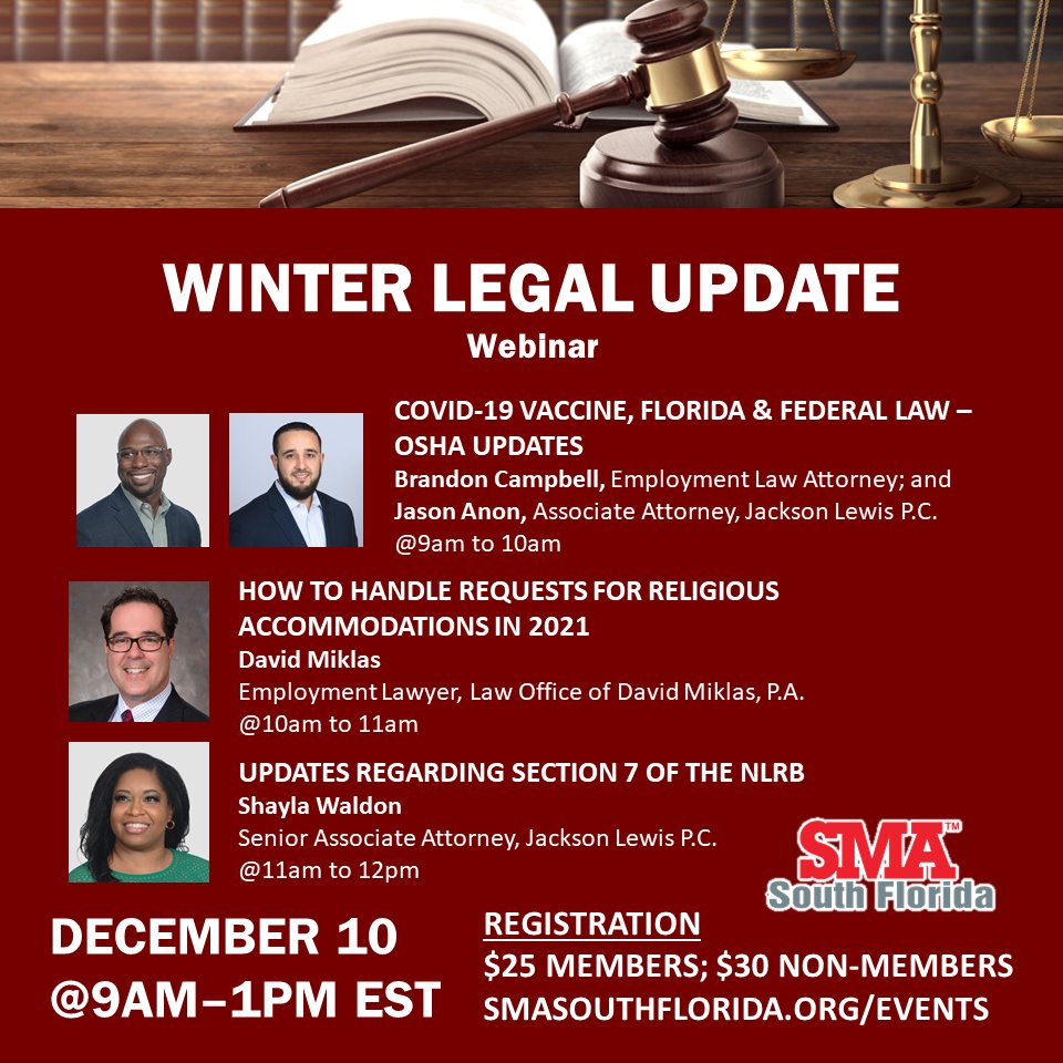 SMASouthFlorida's tweet photo. **NEW EVENT DATE** SMA South Florida is having our Legal Update webinar in December! Register here: https://t.co/oDwsQIiRdx #HumanResources #HR #Employment #Labor #Legal #Business #Networking #COVID-19 #Coronavirus #HRABC #HRPBC #GMSHRM #HRFlorida https://t.co/9j0iaBd5va