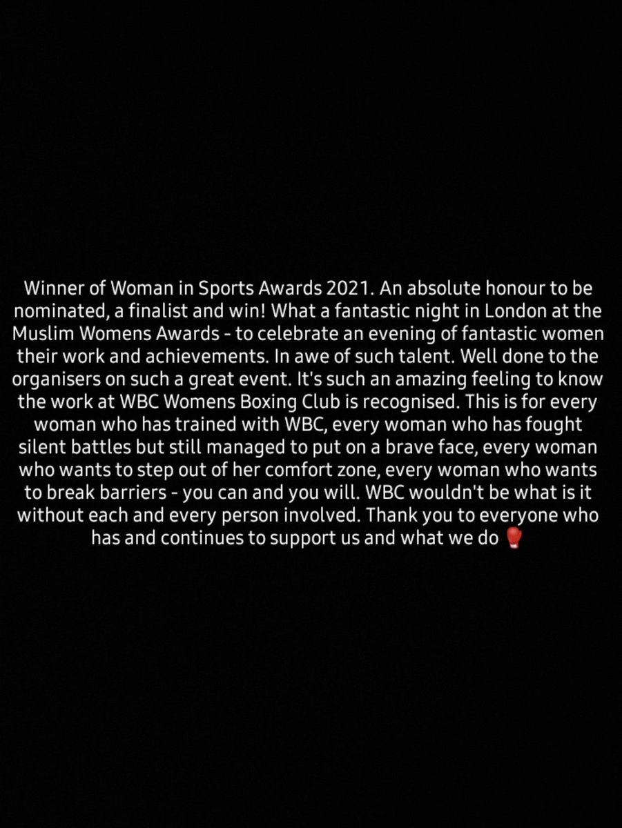 Winner of Woman in Sports Awards 2021. An absolute honour to be nominated, a finalist and win! What a fantastic night in London at the Muslim Womens Awards - to celebrate an evening of fantastic women their work and achievements. In awe of such talent.