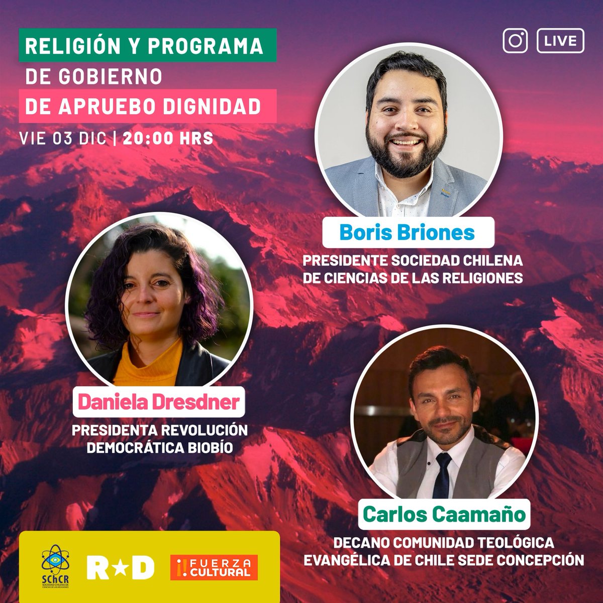 ReligionesCL's tweet photo. El viernes a las 20:00 hrs. junto a @dani_dresdner y @borisbriones. Conversatorio sobre el programa de @gabrielboric. La transmisión es por nuestra página de Facebook. https://t.co/FD8qbgj5Ho