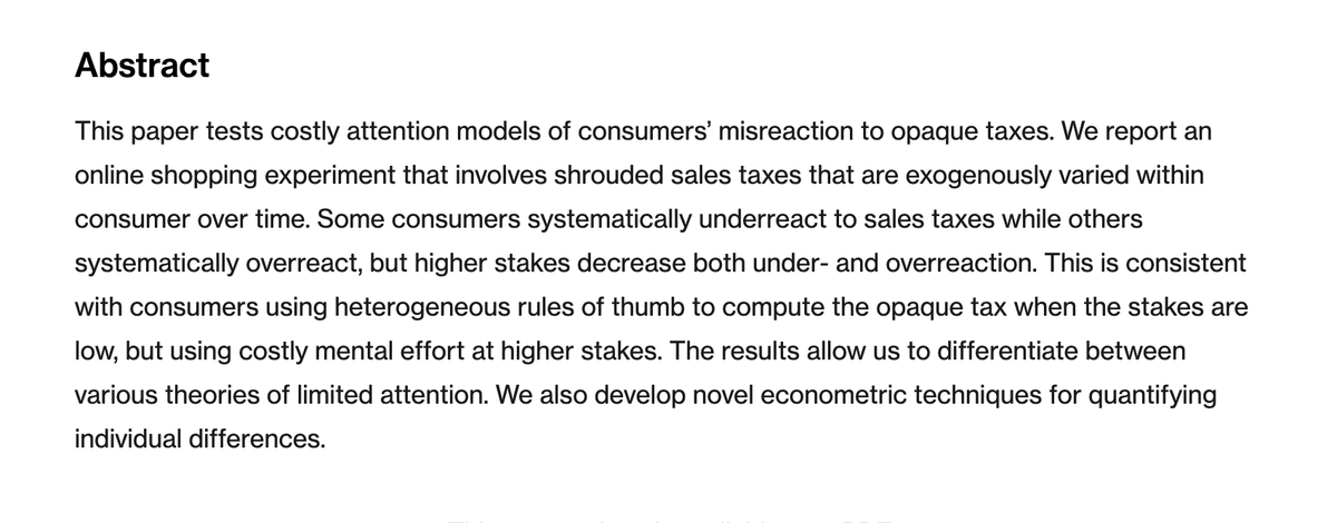 The Review of Economics and Statistics (REStat) (@restatjournal) on Twitter photo New evidence that people's reaction to non-salient taxes is determined by highly heterogeneous rules of thumb. Just Accepted new paper by William Morrison; Dmitry Taubinsky <a href="/DTaubinsky/">Dmitry Taubinsky</a>. direct.mit.edu/rest/article-a… New evidence that people's reaction to non-salient taxes is determined by highly heterogeneous rules of thumb. Just Accepted new paper by William Morrison; Dmitry Taubinsky <a href="/DTaubinsky/">Dmitry Taubinsky</a>. direct.mit.edu/rest/article-a…