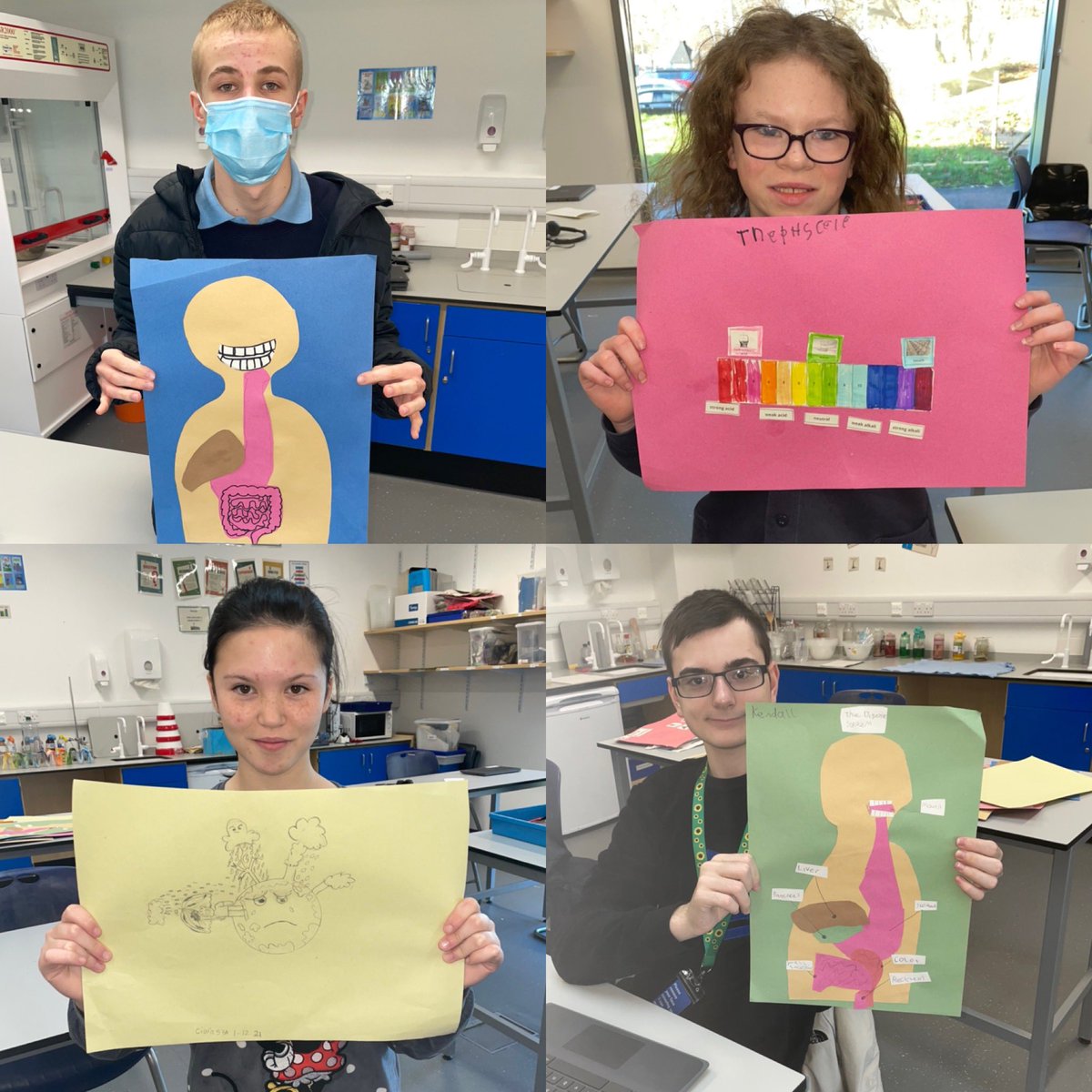 emmamcgheex's tweet photo. Today in science S3A designed a poster of their choice. It was to show what they have enjoyed learning about this term. @MrsKilpSci #digestivesystem #phscale #acidrain #acidsnow. They are all amazing posters. You are all very talented 👏🏻🥰 https://t.co/bj4CUQTinh