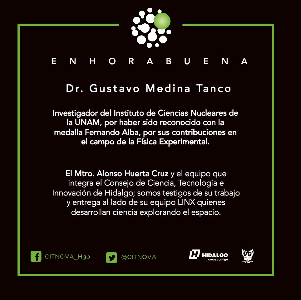 🏅Enhorabuena Dr. <a href="/gmtanco/">Gustavo Medina Tanco</a> investigador del <a href="/icnunam/">Instituto de Ciencias Nucleares UNAM Oficial</a> por obtener la medalla Fernando Alba por sus contribuciones en el campo de la Física Experimental que otorga el <a href="/IF_UNAM/">Instituto de Física de la UNAM</a> 
<a href="/LINX_UNAM/">LINX ICN UNAM</a>  <a href="/AlonsoHuerta/">Alonso</a> <a href="/gobiernohidalgo/">Gobierno Hidalgo</a> <a href="/omarfayad/">Omar Fayad</a>