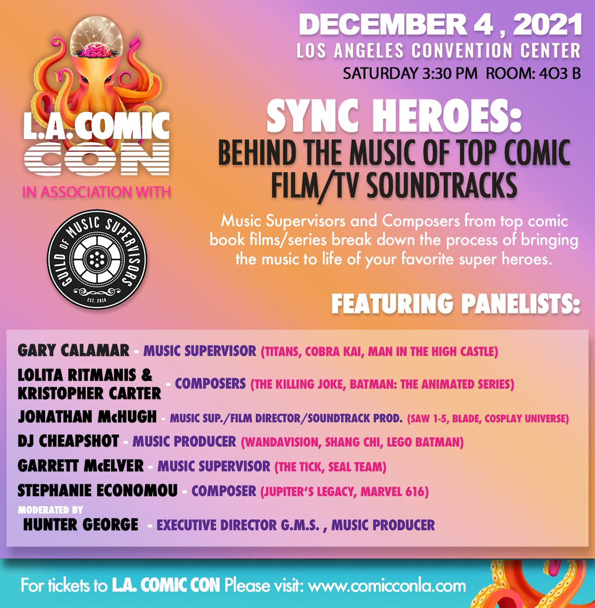 Who’s going to <a href="/comicconla/">Los Angeles Comic Con</a>? Don’t miss this panel featuring top Music Supervisors and Composers from comic book films/series break down the process of bringing the music of your favorite super heroes to life! 

Moderated by <a href="/guildofmusic/">Guild Of Music Supervisors</a> exec <a href="/Can1LiveLA/">Can1Live</a>