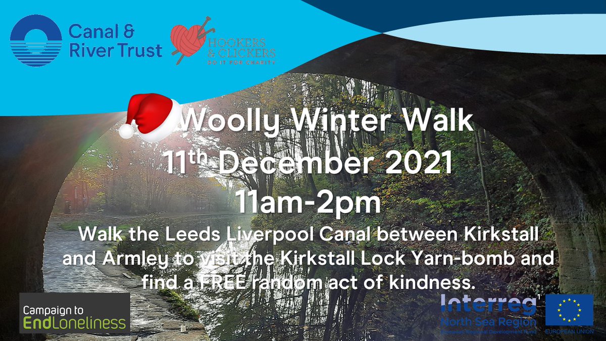 CRTYorkshireNE's tweet photo. Join our Woolly Winter Walk along Leeds &amp; Liverpool Canal (Kirkstall - Armley) on 11 Dec, 11am-2pm. Visit Kirkstall Lock Yarn Bomb &amp; discover #randomactofkindness 🚶❄️🧐@BossLadyAtHC1 #WoollyWinterWalk #CanalYarnBomb @LeedsInspired @LeedsLive #CampaignToEndLoneliness #yarnbombing https://t.co/5gD3TAy6Jl