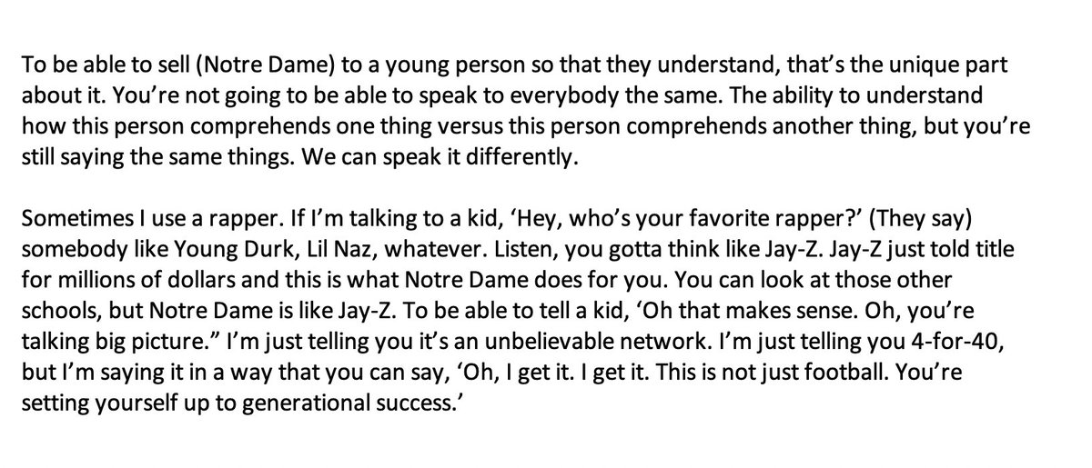PeteSampson_'s tweet image. During the summer we had Marcus Freeman on our podcast The Shamrock and I asked him about recruiting for Notre Dame. Here was his answer. I was floored.
