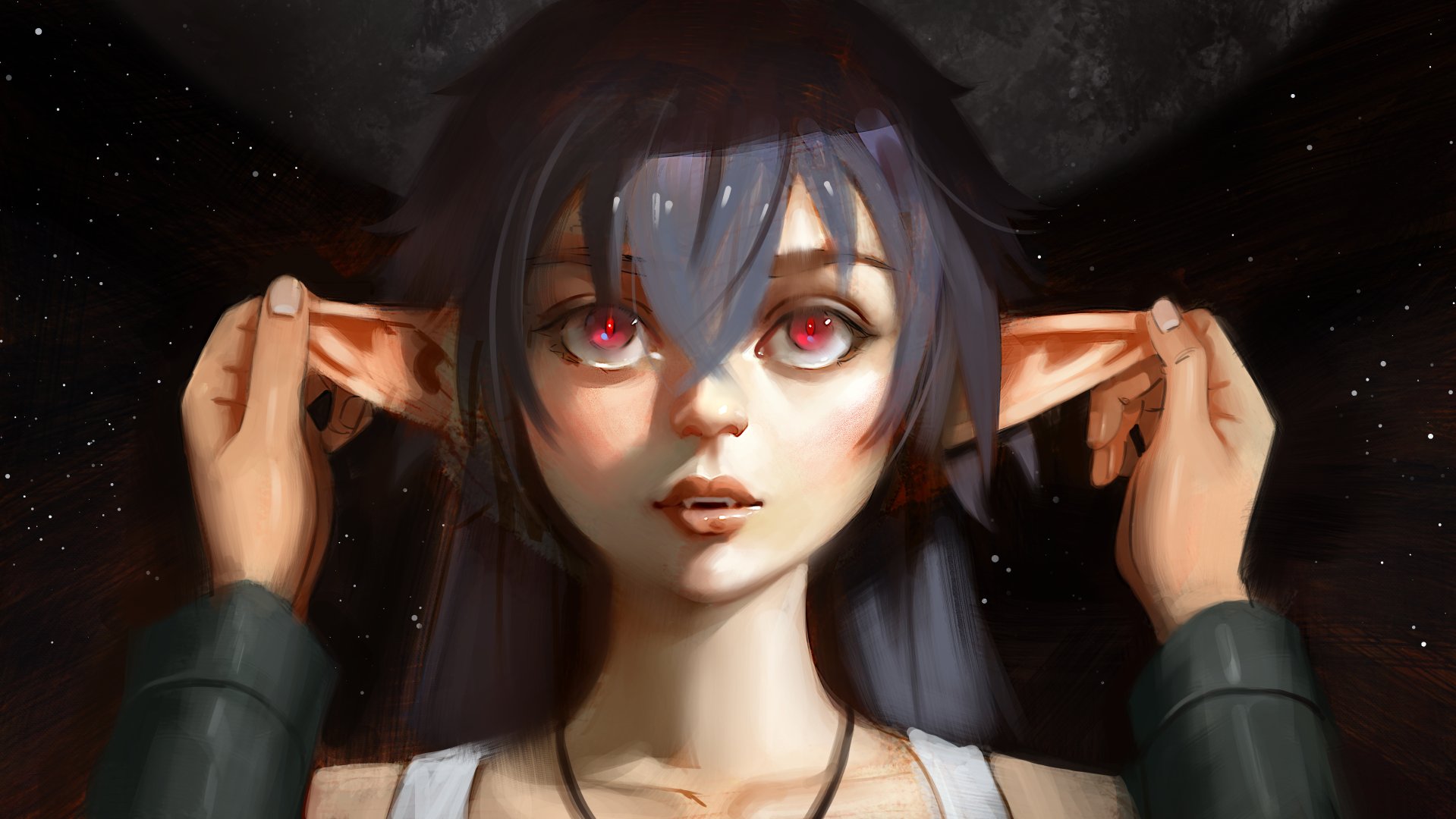 pointy ears, red eyes, blue skin, antlers, anime, pr