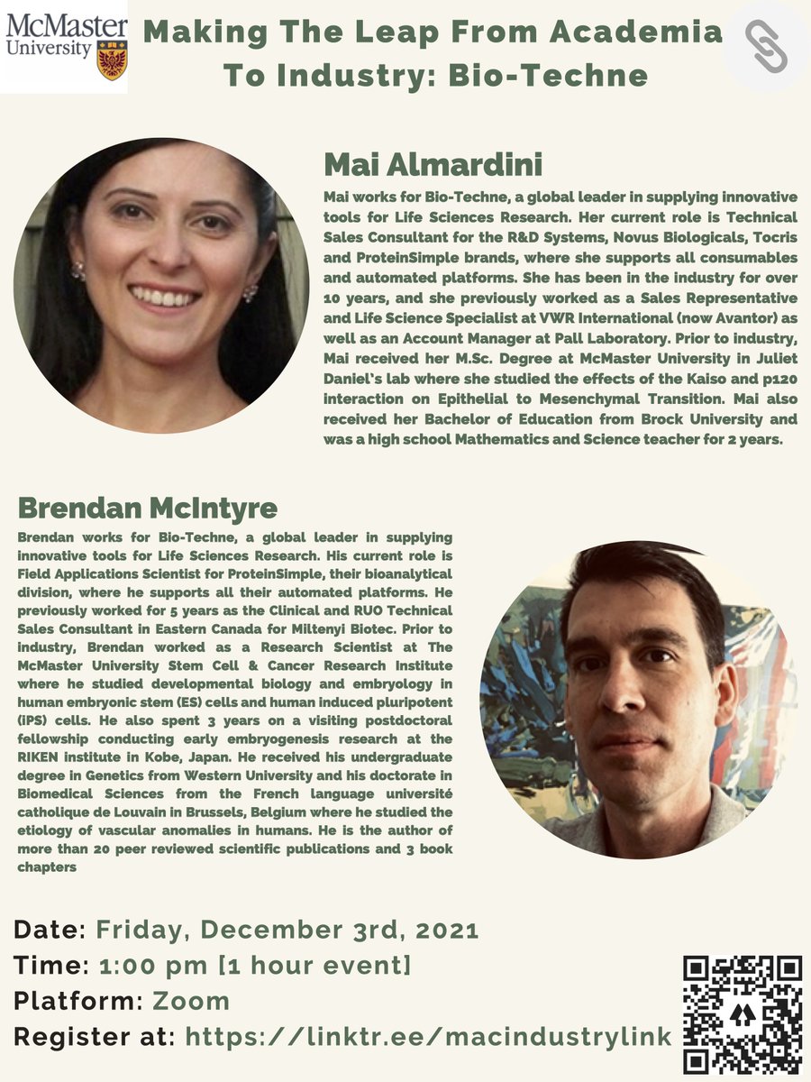 Interested in learning more about transitioning to post-academic life and curious about what a career in Industry looks like? Join us Friday, Dec. 3rd at 1 pm for a virtual career panel featuring Mai Almardini and Brendan McIntyre! Register at👇forms.gle/wHXyjEJafpkoDL…