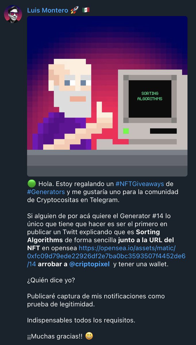 luisframontero's tweet image. ¡Muchas felicidades @EloyChavezDev espero que te guste el Generator #14! 

Main trait: #Fiendly 
Theme: #SortingAlgorithms 
Gender: #Man 

#NFT #NFTs #NFTGiveaway #PixelArt #GenerativeArt #GenerativePixelArt #Cryptoart #Giveaway #Cryptocositas