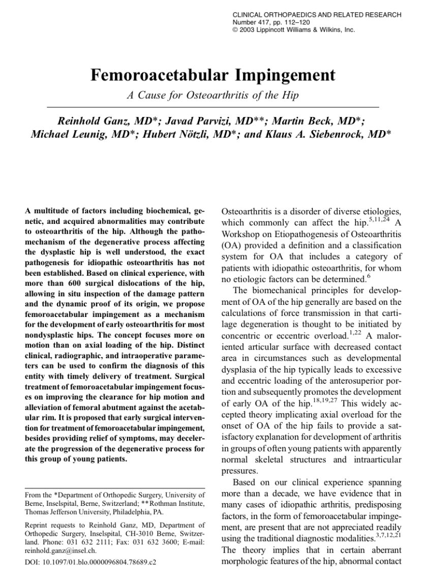 winstongwathmey's tweet photo. This article was published in CORR in Dec 2003.  The modern concept of FAI turns 18 this month!  Time to break out the 18 yo Macallan.  Cheers to Dr. Ganz and his team for introducing cam and pincer into the orthopaedic lexicon.  https://t.co/8fFr6bsshB https://t.co/xLEbbEgsw8