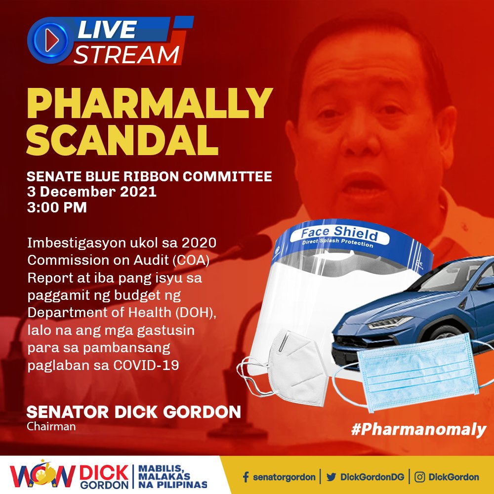 DickGordonDG's tweet photo. OJO. Bukas sa ganap na 3:00 ng hapon (Disyembre 3) ay ipagpapatuloy natin ang pag-iimbestiga ng Senate Blue Ribbon Committee sa mga iregularidad sa likod ng pagbili ng gobyerno ng face masks, face shields, PPEs, at test kits mula sa Pharmally Pharmaceuticals Corporation. https://t.co/v1hEEJ91Oa