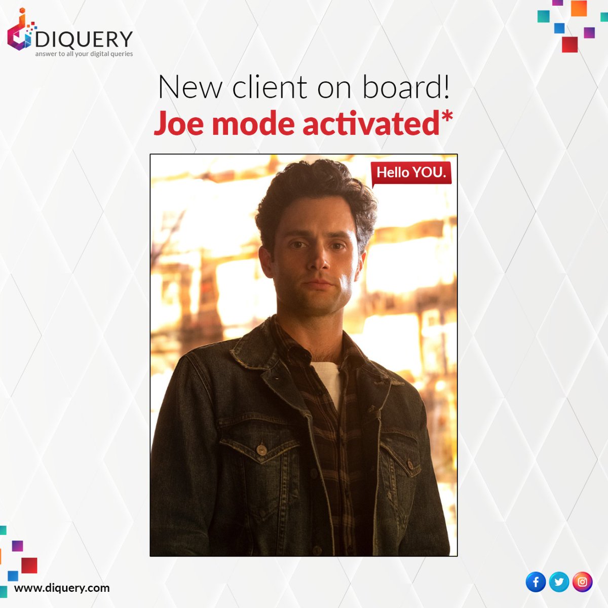 Diquerydigital's tweet photo. Oh, Hello you!
#newclient #joemode #client #clientdiaries #DiqueryDigital #Diquery #GoDigital #DigitalMarketing #marketingstrategy #DiqueryCinescope https://t.co/H2qbV9IOaE