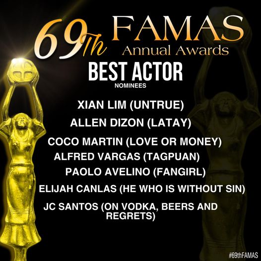 solarstudiosinc's tweet photo. Congratulations to all the #FamasAwards nominees! 
Special shoutout out to Team #HeWhoIsWithoutSin, Elijah Canlas, and Enzo Pineda for Best Picture, Best Actor, and Best Supporting Actor noms respectively. 
#69thFAMAS #SineLokalPangInternasyonal #SinagMaynila https://t.co/EKcMxh8jpH