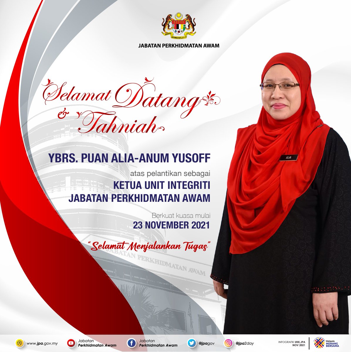 jpagov's tweet photo. Tahniah kepada YBrs. Puan Alia-Anum Yusoff atas pelantikan sebagai Ketua Unit Integriti JPA.
Selamat Datang dan Selamat Menjalankan Tugas.
@jpmgov_  @INTANBukitKiara https://t.co/3RQZoQARTW