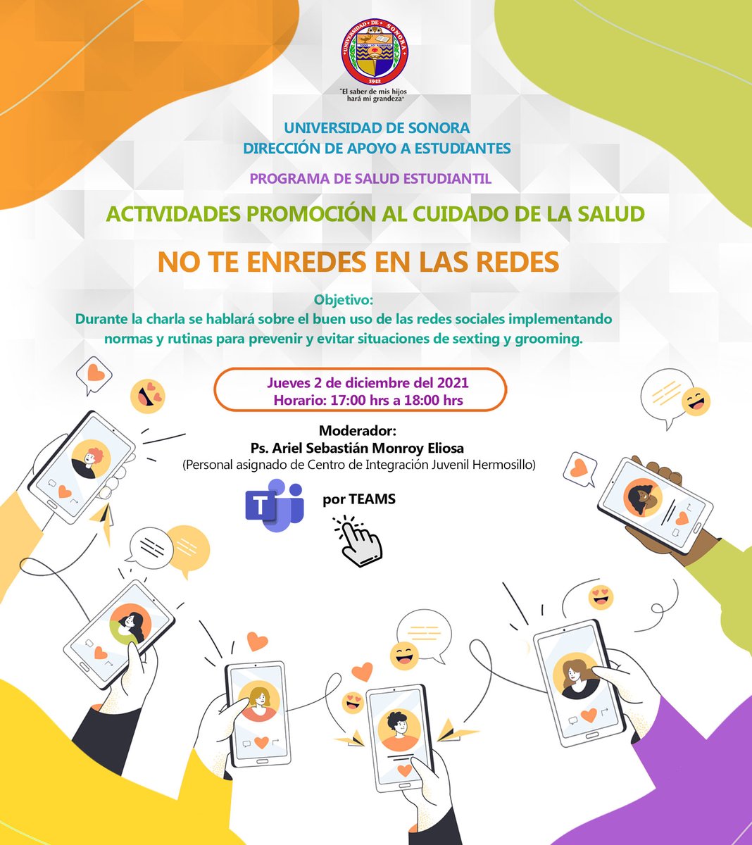 SoyUnison's tweet photo. La @dae_unison te invita a la charla "No te enredes en las redes", hoy a partir de las 17:00 horas.
Enlace a la charla: https://t.co/1D0dAkFNqK https://t.co/HrPIsXcIVc