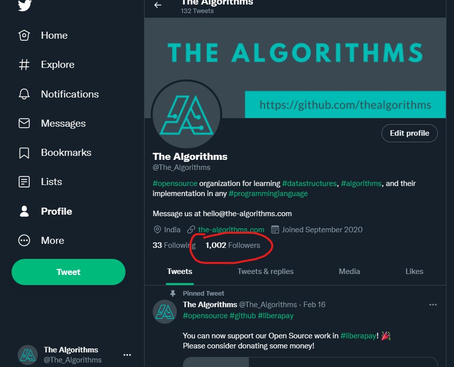 The_Algorithms's tweet image. We have reached over 1K followers on Twitter! Thank you! ❤️
Don't forget to check our GitHub repositories and join our Discord server 🚀 All of that can be found on our website: the-algorithms.com
#github #opensource #freelance #algorithms #datastructures