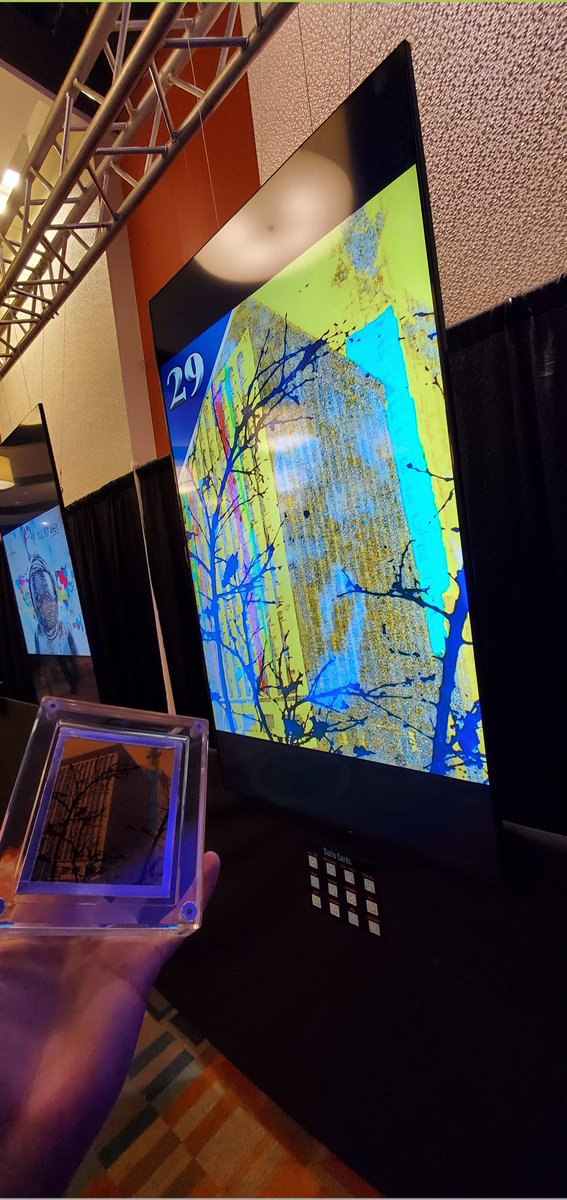 maximusmaximus's tweet photo. That was so metaversetastic! The Curio communities of @MyCurioCards and @CurioPlusOrg we're hangin' in a fine curioated exhibit at @DCentralCon
*showing the 1/1 original physical artwork the curiocard 29 was created from. #expensivethings #NFTs https://t.co/iHagf43GXm