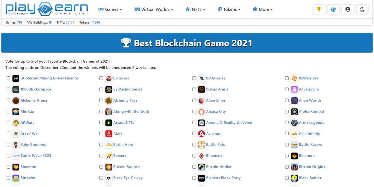 Our arcade racing game <a href="/BattleRacers/">Battle Racers 🏎️🏁</a>
is nominated in <a href="/play2earncrypto/">playtoearn.net</a>'s Blockchain Game Awards 2021! 

Vote here:  playtoearn.net/awards/2021/be…