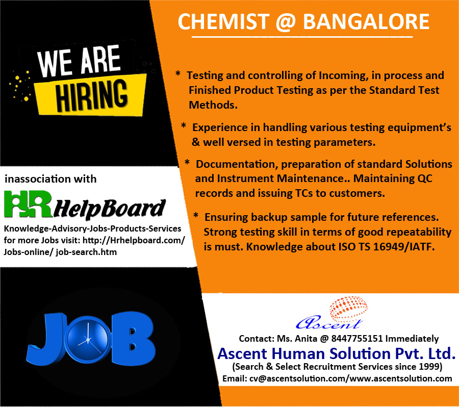 Urgent hiring for Chemist @Bangalore
Apply at:  bit.ly/3I9SGwe
#testing
#qualityanalyst
#researchscientist
#qualityassurance