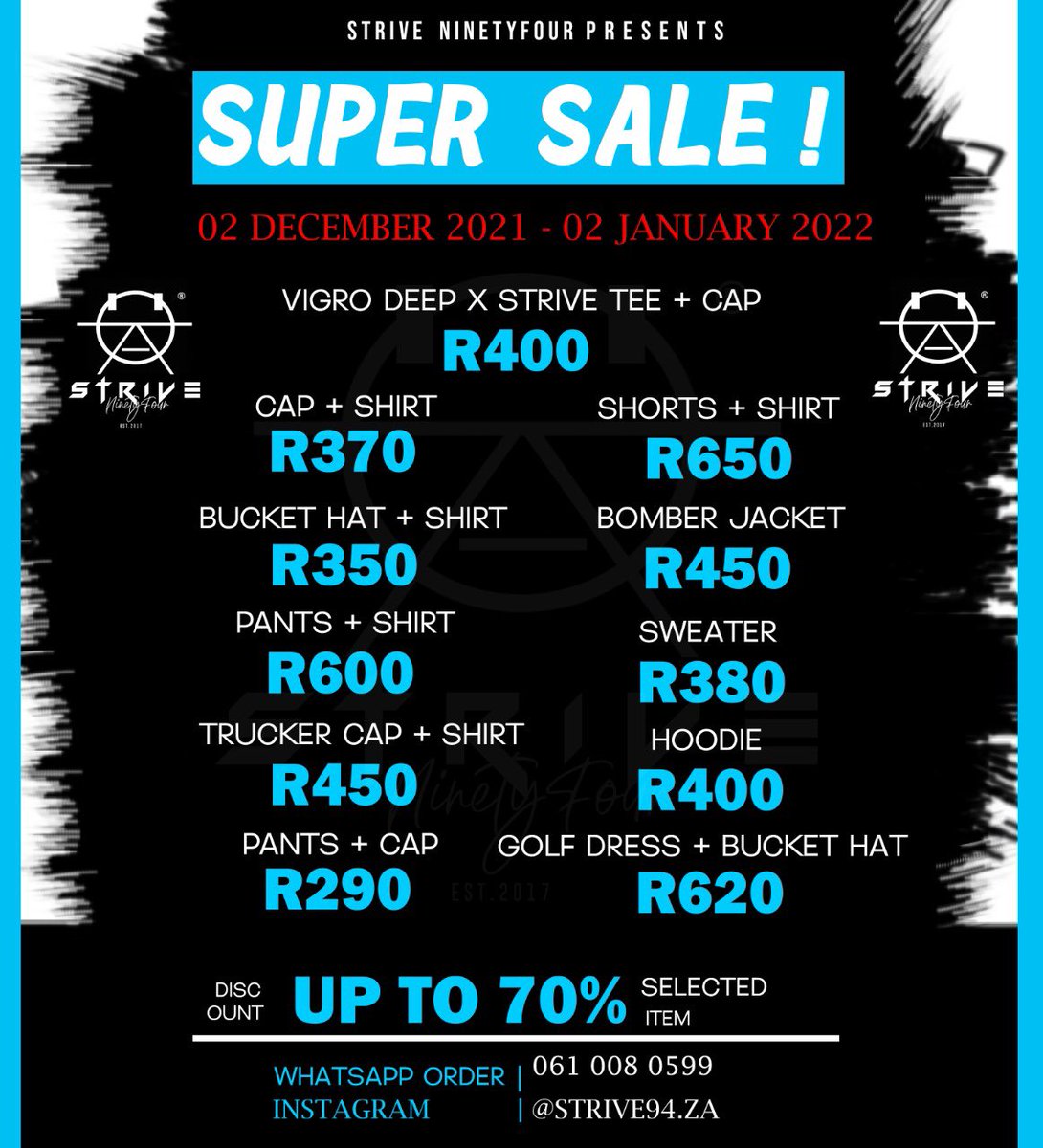 ZaStrive's tweet image. 🔥🔥🥰🥰Strive NinetyFour Presents You The Super December Sale! 🥰 Check This Out &amp;amp; Share It To Your Statuses &amp;amp; Friends! Your Support Will Be Highly Appreciated! Let’s Go!! 🛐🙏🏼🙌🏼❤️🔥 WhatsApp : 061 008 0599