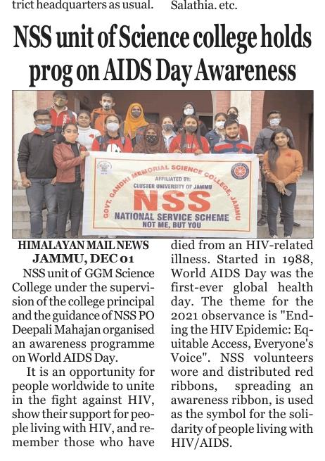 Anchal Singh (@anchals75804902) on Twitter photo NSS Unit of GGM Science College, Jammu & Kashmir Organized an awareness on World AIDS Day on 1st December 2021.
#Not_Me_But_You
#WorldAidsDay2021
<a href="/ianuragthakur/">Anurag Thakur</a>
<a href="/NisithPramanik/">Nisith Pramanik</a>
<a href="/YASMinistry/">YAS Ministry</a>
<a href="/_NSSIndia/">NSS India</a>
<a href="/pibyas/">PIBYAS</a>
<a href="/PMOIndia/">PMO India</a>
pic.x.com/eQWi6rGCgp NSS Unit of GGM Science College, Jammu & Kashmir Organized an awareness on World AIDS Day on 1st December 2021.
#Not_Me_But_You
#WorldAidsDay2021
<a href="/ianuragthakur/">Anurag Thakur</a>
<a href="/NisithPramanik/">Nisith Pramanik</a>
<a href="/YASMinistry/">YAS Ministry</a>
<a href="/_NSSIndia/">NSS India</a>
<a href="/pibyas/">PIBYAS</a>
<a href="/PMOIndia/">PMO India</a>
pic.x.com/eQWi6rGCgp