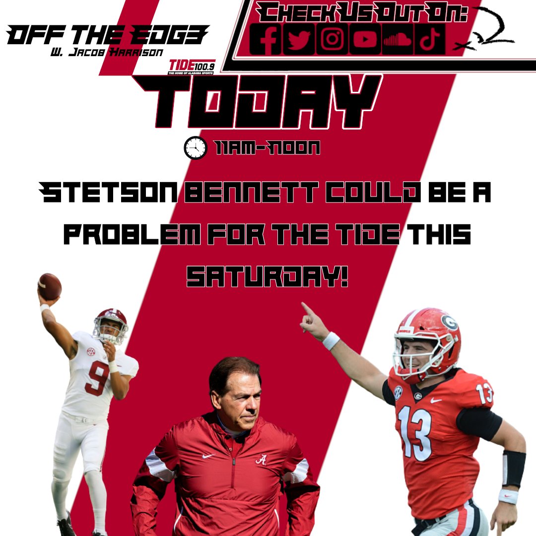 OffTheEdge1009's tweet photo. Georgia's QB Stetson Bennett has done
an incredible job at controlling his offense this season.
Will the Tide's defense be able to shut down
Georgia's offense? Join your host, @JHarrisonOTE
for the latest new analysis on Saturday's game!

Join the conversation! (205) 342-9904 https://t.co/KNGoDgMBUu