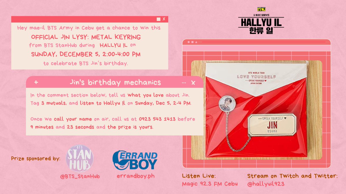 HALLYUIL's tweet photo. More prizes to be given away for #Jin's birthday this weekend. Read the instructions to qualify to win this premium item from @BTS_StanHub and https://t.co/R6ia4EWnWu

@BTS_twt #BTS #HappyJinDay #hallyuil923event #hallyu #kpop 
Layout by @alexieys (STC Masscom Intern) https://t.co/t854YZOY2g