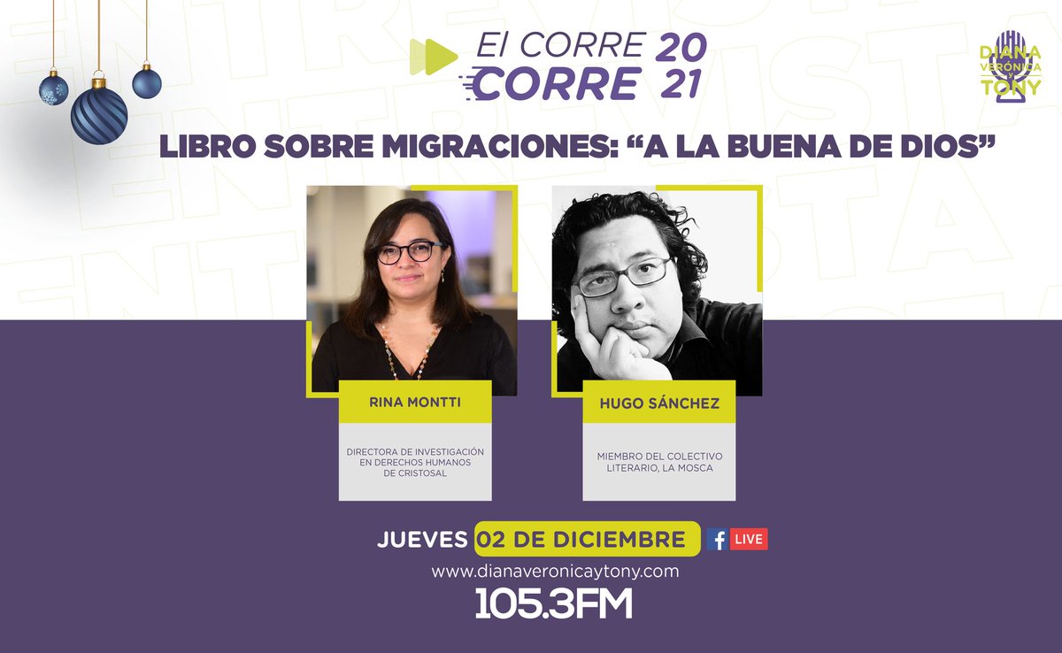 dianavytony's tweet photo. 🎙️ #ElCorreCorre I Este jueves 02 de diciembre, conoceremos del libro sobre migración: #ALaBuenaDeDios, con Rina Montti, directora de investigación en DDHH de @Cristosal y Hugo Sánchez, miembro del colectivo literario #LaMoscaAzul.

🔴 Sintonízanos a las 8 am 105.3 FM @Punto105 https://t.co/Gb4Jp7yyIO