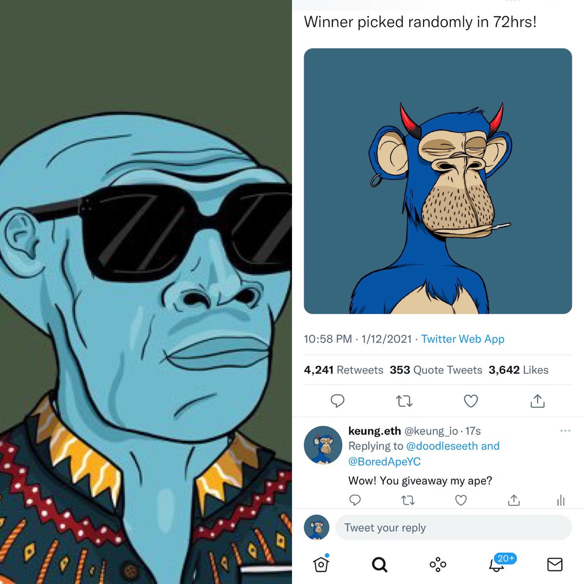 CRAZIEST GIVEAWAY EVER 

l'm giving away 1 @doodleseeth (floor 49 ETH) - because I just want to change his life (yes, for real).

How to enter:

1⃣Follow me
2⃣RT
3⃣Tag 3 friends

Winner picked randomly in 72hrs!

No <a href="/BoredApeYC/">Bored Ape Yacht Club 🍌</a> #3650 #NFTGiveaway!🤯
#scam #ScamAlert #NFT #NFTs