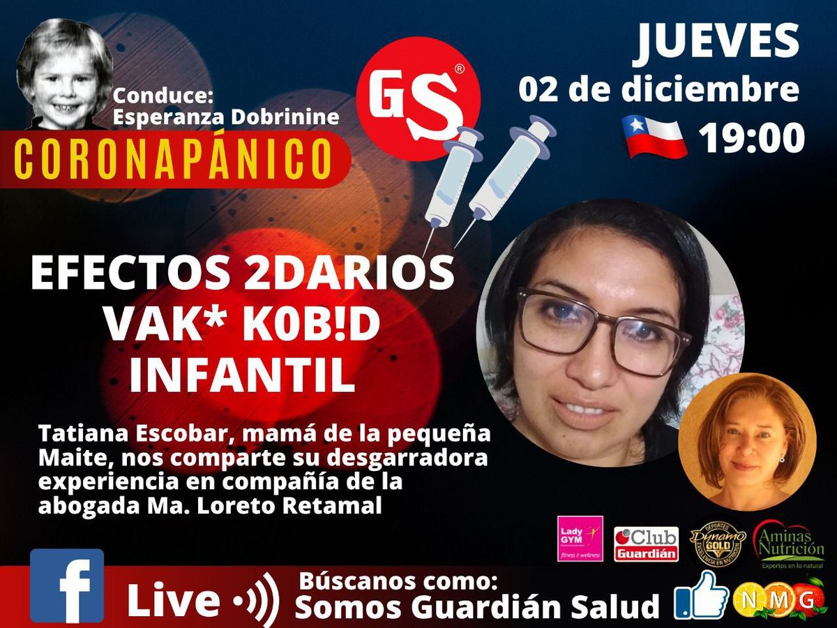 OmvChile's tweet photo. Jueves 2, 19:00hrs
Acompañemos a está madre en su doloroso testimonio por los efectos Adversos de sus vacunas experimentales. Que lo sepan @jmanalich @ministeriosalud @DrEnriqueParis @Camara_cl @sebastianpinera 
@sebasugarte https://t.co/YQjYj1wz3P
