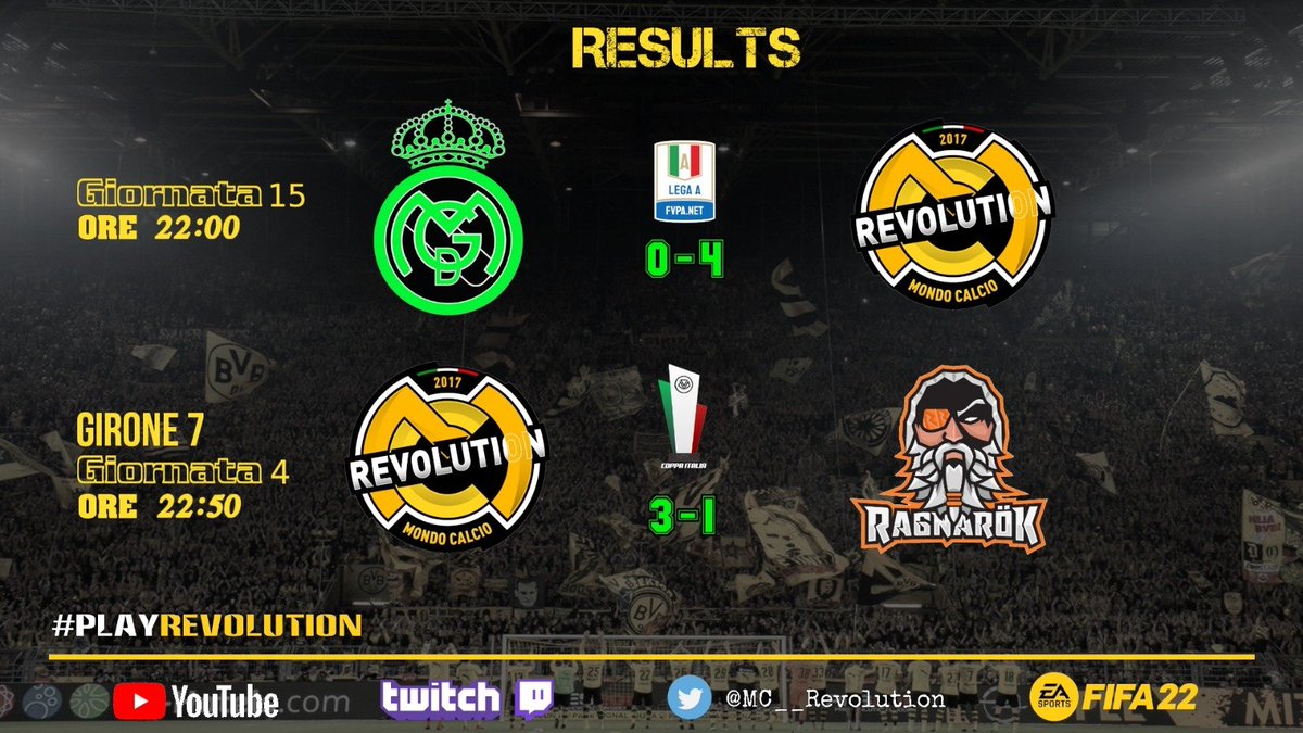 ⚫🟡#FULLTIME🟡⚫

🏆 <a href="/FVPA_net/">FVPA.net 🇮🇹</a> A
🆚 <a href="/FCMaiDireGol/">FC MaiDireGol</a>
4️⃣➖0️⃣
⚽ <a href="/XanderbR88/">OSE_XanderbR88</a>
⚽⚽ <a href="/Orey19Ita/">Orey19</a>
⚽ #AUTOGOL
👟👟👟 <a href="/X_Italiankiller/">X_ItaliankillerX</a>

🏆 <a href="/VPLItaly/">VPL Italy 🇮🇹</a> Coppa
🆚 <a href="/RagnarokMg/">Ragnarök Esports</a>
3️⃣➖1️⃣
⚽ <a href="/X_Italiankiller/">X_ItaliankillerX</a>
⚽ <a href="/XanderbR88/">OSE_XanderbR88</a>
⚽ <a href="/wyt092/">Wyt092</a>
👟👟 <a href="/Orey19Ita/">Orey19</a>
👟 <a href="/Fred87Mr/">Oro_nero87</a>

GG Agli Avversari 🤝
#PlayREVOLUTION