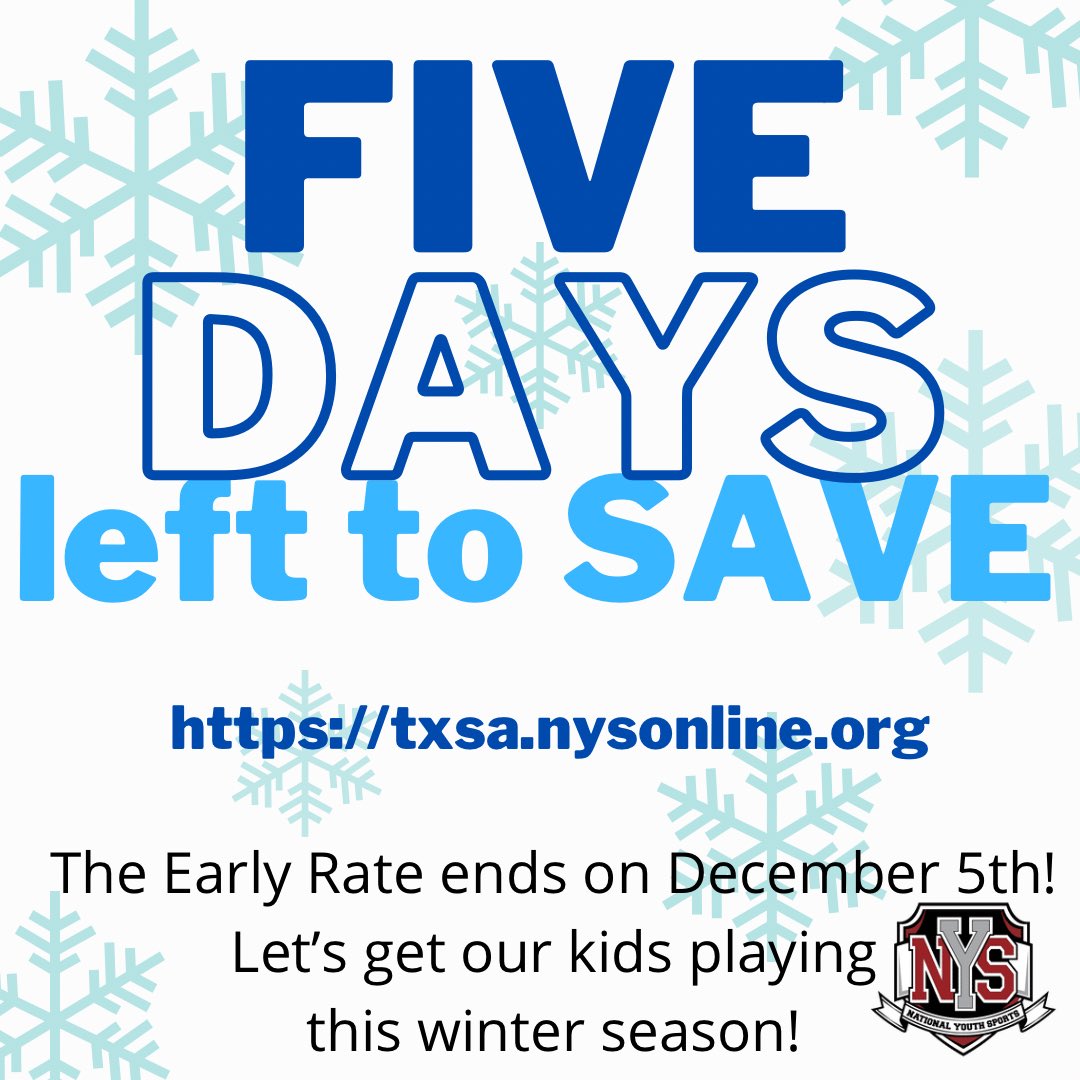 🚨Returning Parents/Players: If you told your coach you would be coming back for winter, register soon and save some money!! 🚨

✨Teams will be beginning to form, don’t lose the spot on the team/coach you are requesting for the winter! ✨

txsa.nysonline.org

#SanAntonioTX