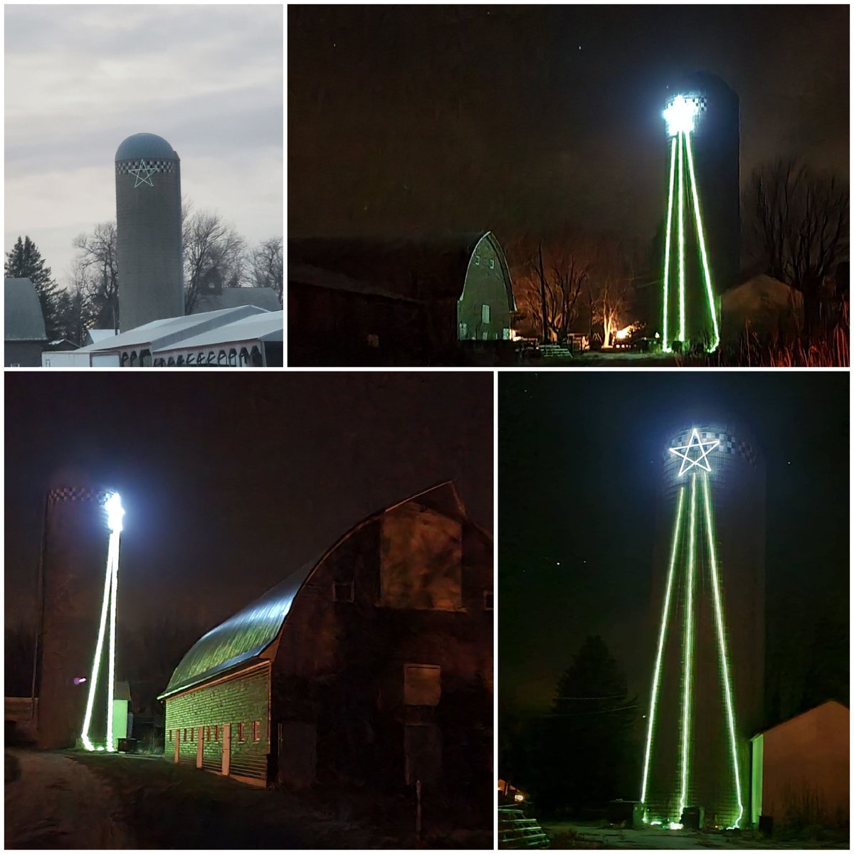 CarmenBillick's tweet photo. A shout out to my creative husband, @BrianBillick, last year he made a 9 foot star and figured out how to hang it on our 80 foot silo. This year he made it a Christmas tree! 🎄 https://t.co/fejqy0Td2D
