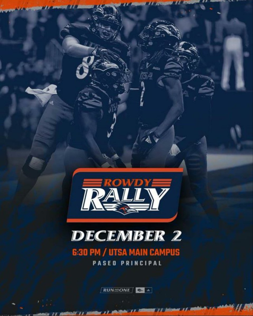 Calling all 'Runners to help us get loud tomorrow at Rowdy Rally and get hyped for Friday's C-USA Championship Football Game!! 

Rowdy Rally starts at 6:30PM at the SU Paseo.

📣 LET'S GET LOUD and support our Roadrunner Football Team! @utsaftbl 🏈🤙🏽

#UTSA #BIRDSUP #PackTheDome