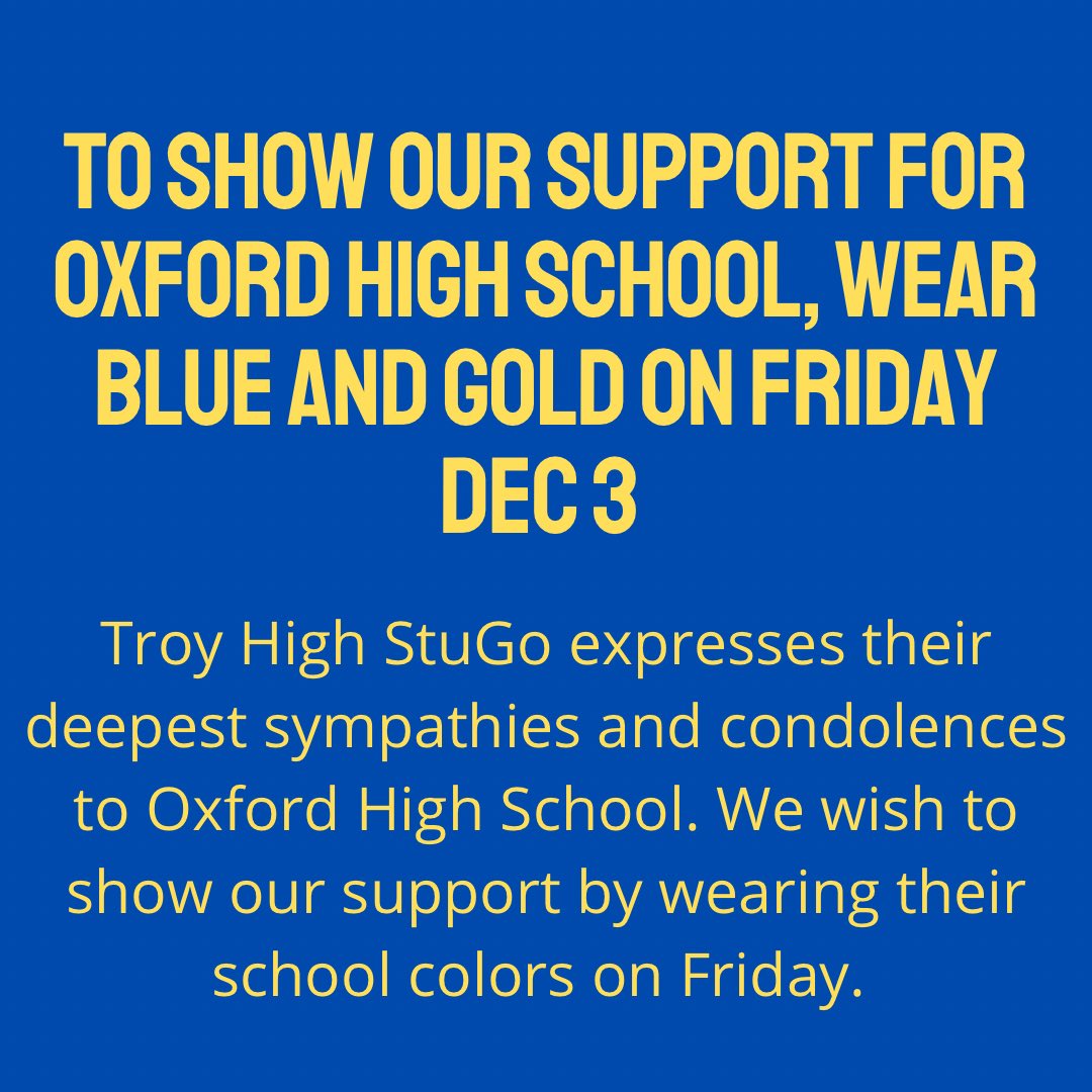 TroyStugo's tweet photo. This Friday, we will show our support for Oxford by wearing blue &amp; gold and exiting the school silently during dismissal. https://t.co/h3x7sNA8uQ