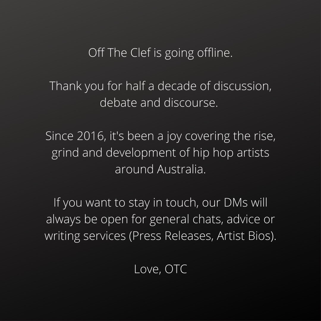 Another independant music media platform loses the battle.. just kidding. Much love, see you around!

Follow these great platforms:
<a href="/Rappertag_/">Rappertag</a> 
<a href="/thelocalfreq/">The Local Frequency ⚡️</a>
<a href="/AUDollars/">AUD'$ - Australia’s Hip-Hop Connect</a> 
<a href="/takeflightau/">Take Flight</a>
<a href="/BloodJuiceau/">BloodJuice</a> 
@waevzau
<a href="/trvpau/">TRVP</a>