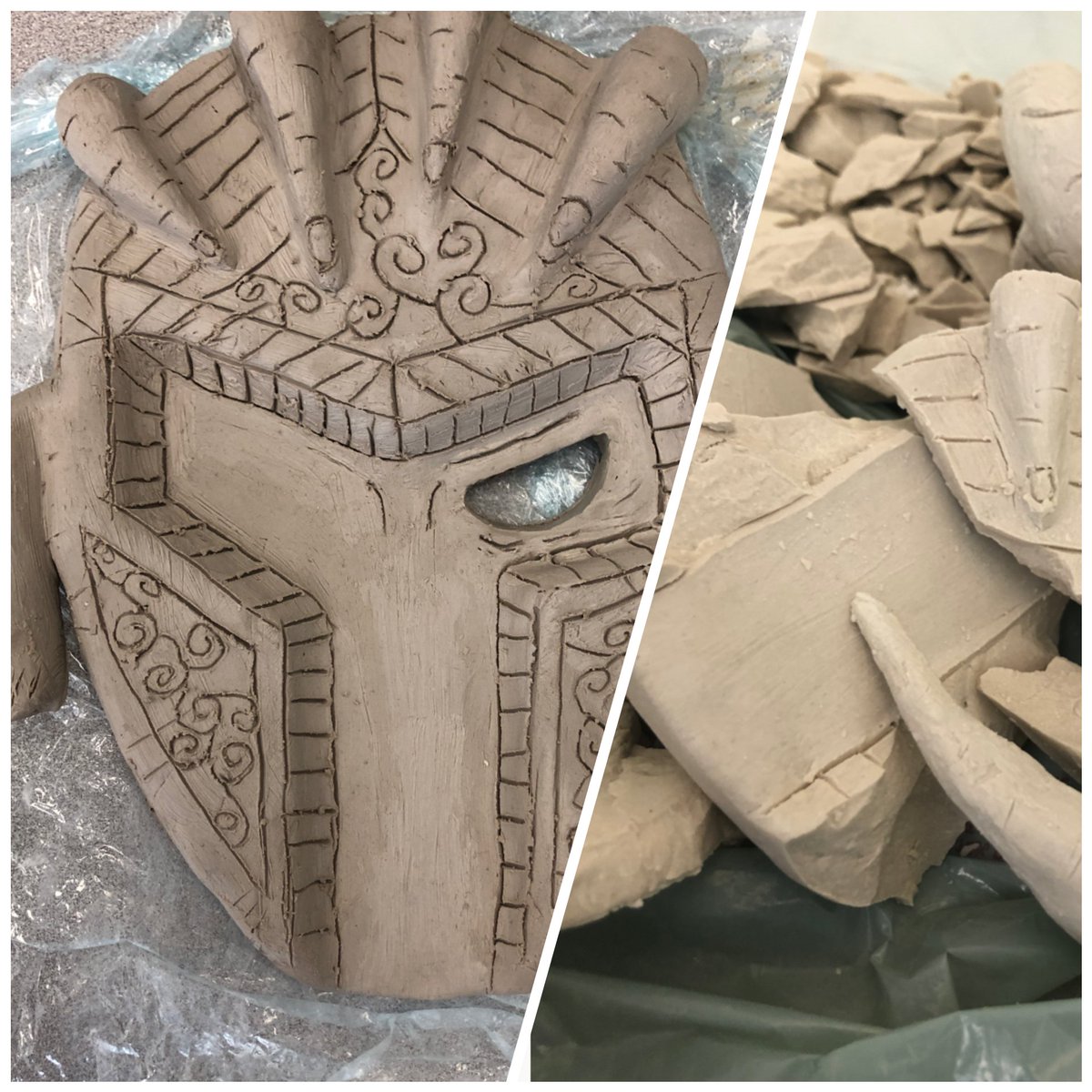 Potyralatweets's tweet photo. 1/ In my art class students were sketching drafts for their clay  identity masks. "What's this one?" I asked (pointing to a knight mask with a crack among his other drawings) "Sometimes life has to break you to make you stronger" he said. https://t.co/p6BHubaKHo