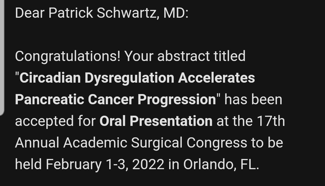 Can't wait to share our work from the #SRKLab investigating the role of #circadianclock dysfunction on pancreas cancer progression at ASC. Excited to see so many friends will be presenting in Orlando! @AcademicSurgery @WiscSurgery