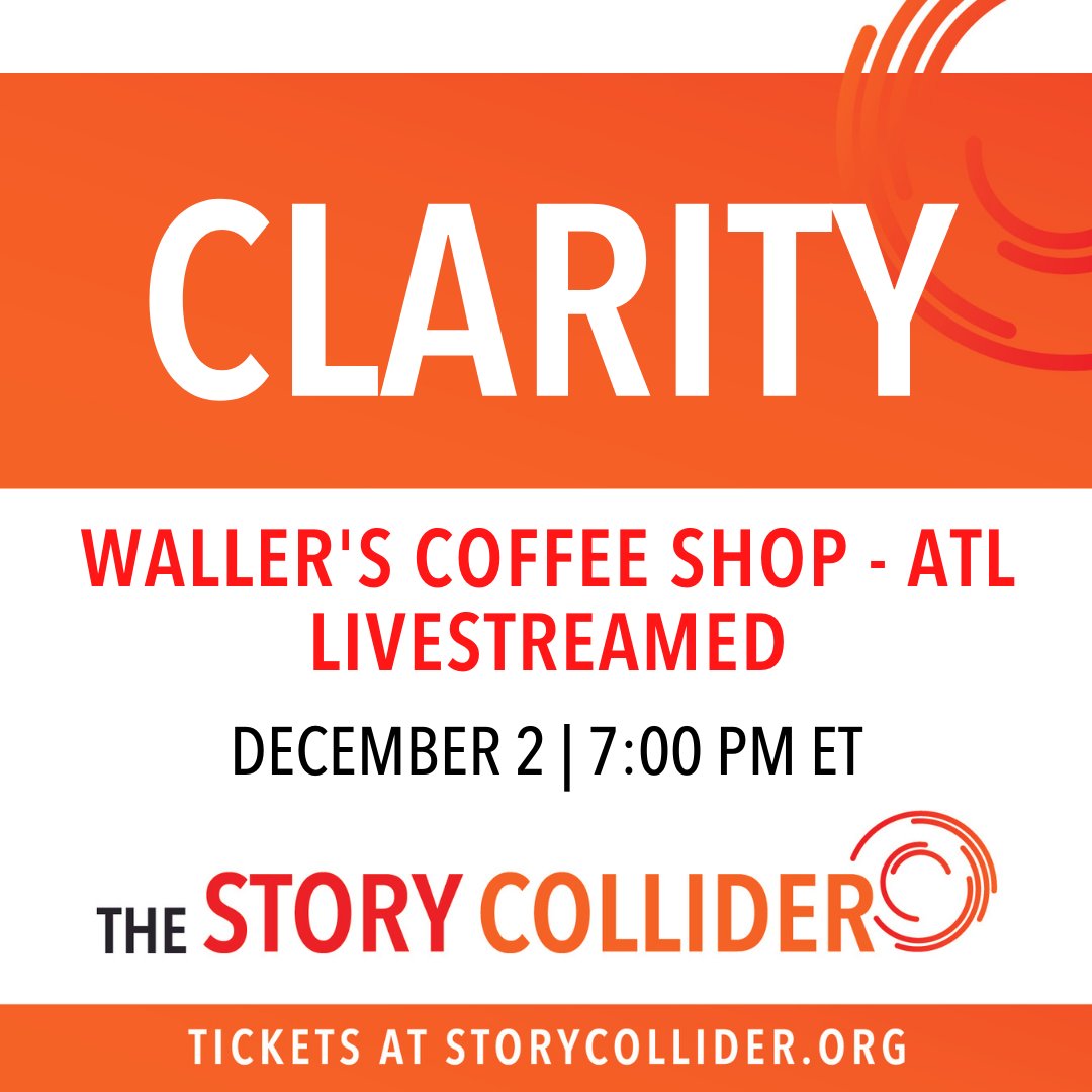storycollider's tweet photo. Join us online as we livestream this show from Waller’s Coffee Shop in Decatur, GA. This month we present four stories on the theme of “Clarity.”
Produced and hosted by @meisask and @kellievinal.
Register here: https://t.co/WfqU1YAza0 https://t.co/Ux5xEmIRi8